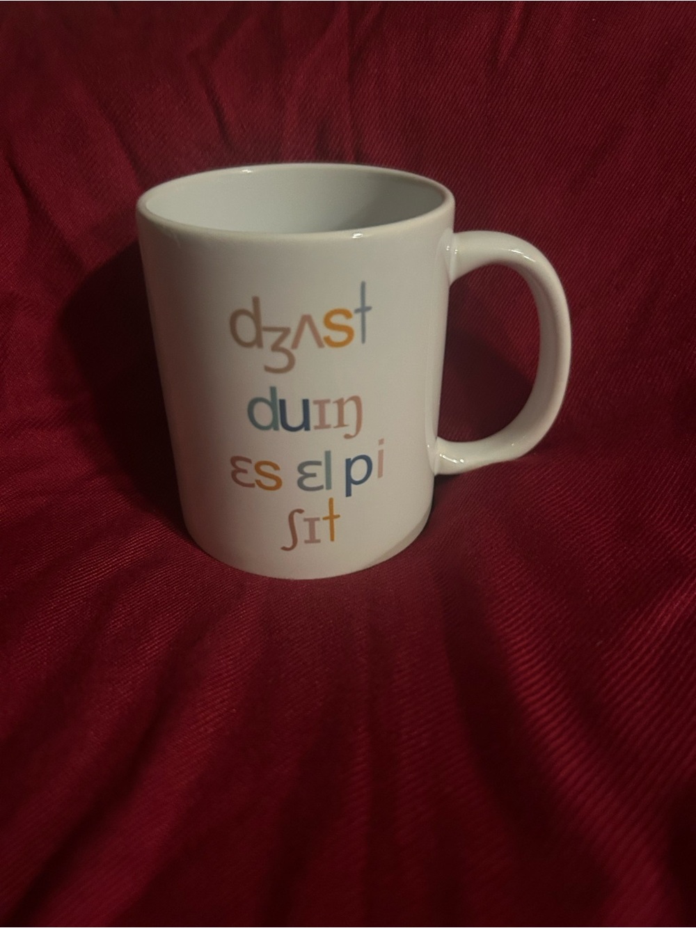 Ceramic mug with “just doing SLP shit” written in IPA.